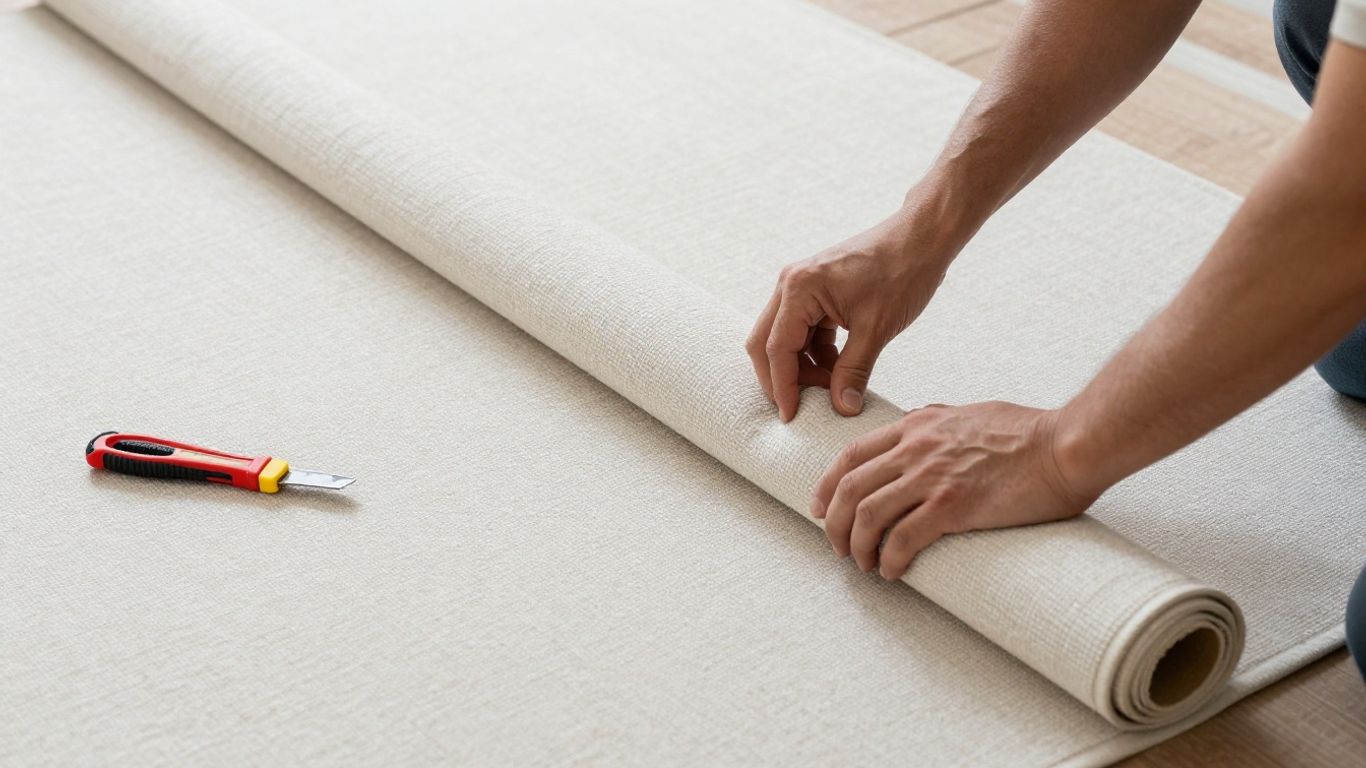 Carpet installer working on new carpet installation.