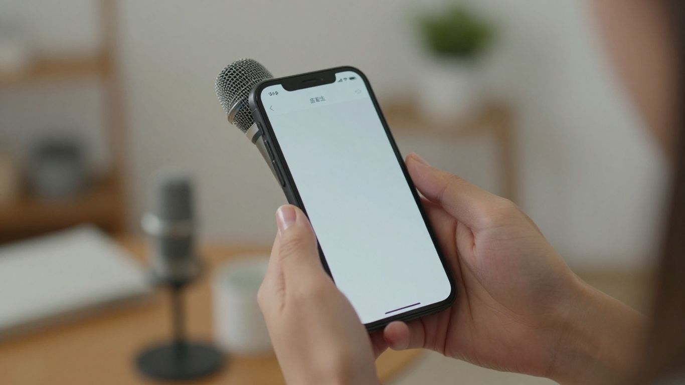 Persona grabando podcast con celular y micrófono en casa.