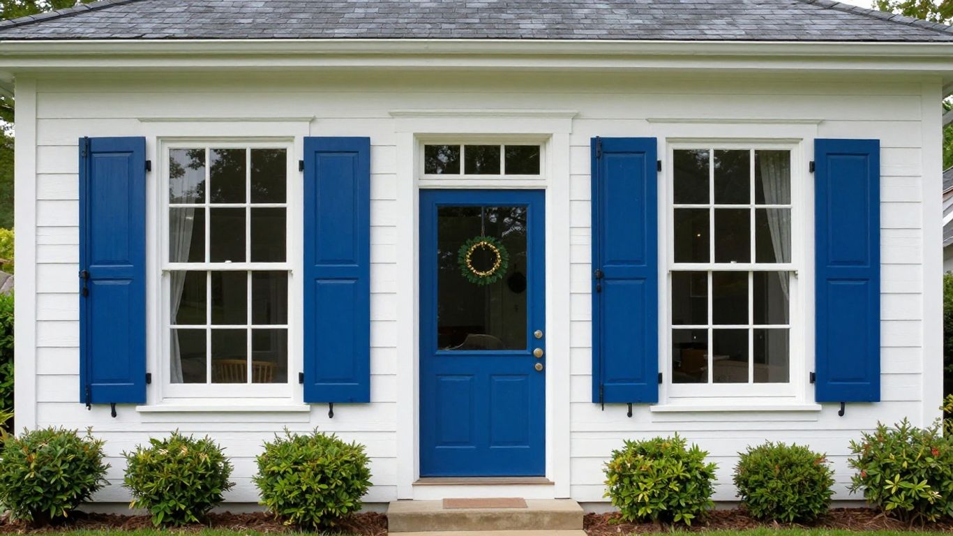 House with classic blue shutters and green landscaping.