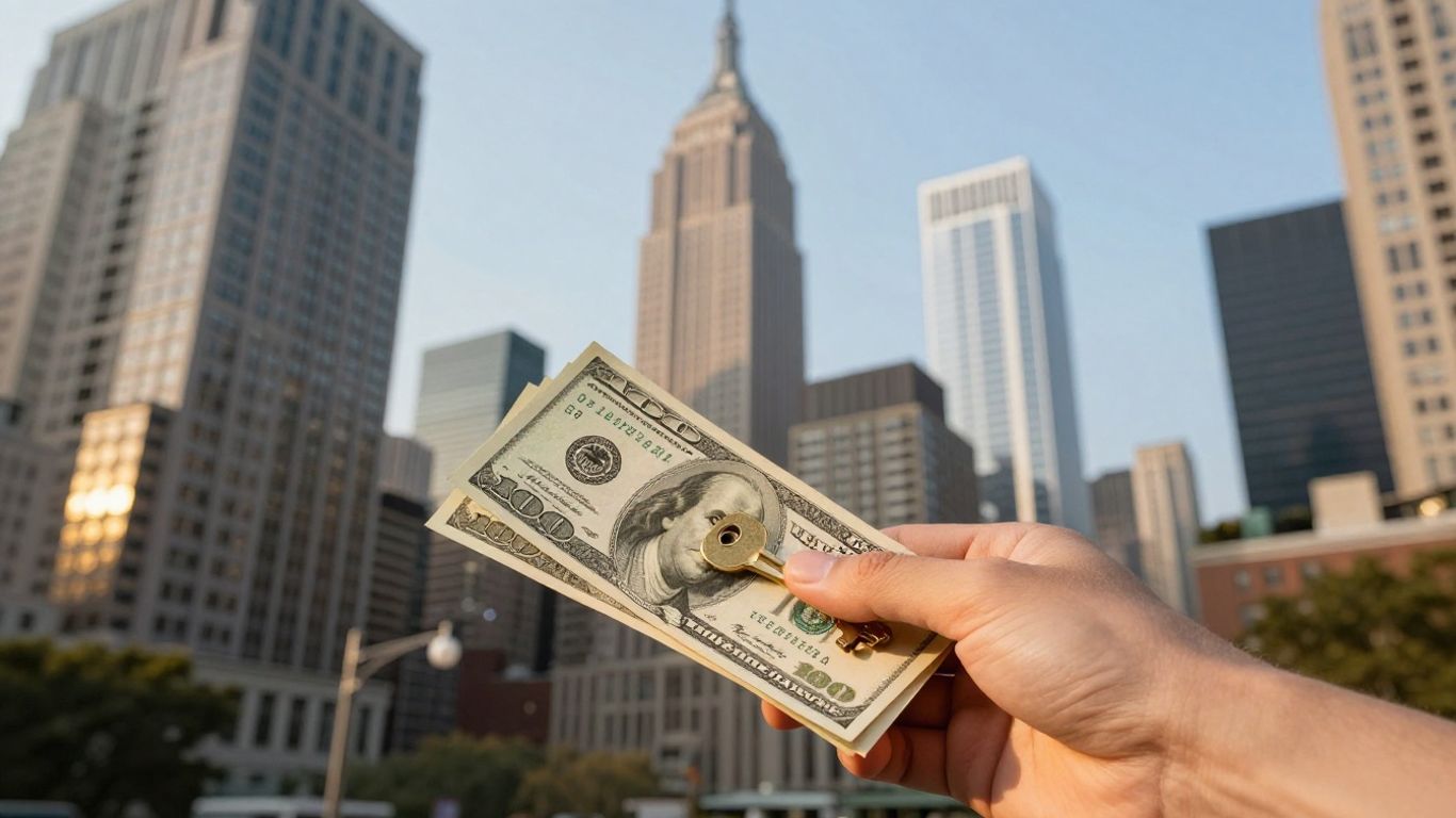 NYC skyline and money with a golden key.