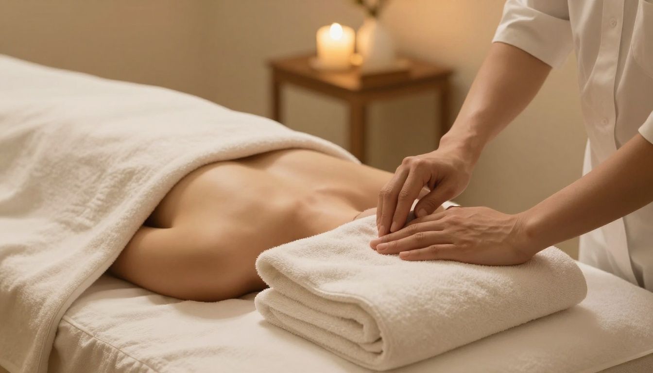 A warm and serene spa treatment room with soft towels and gentle lighting designed for beauty procedures