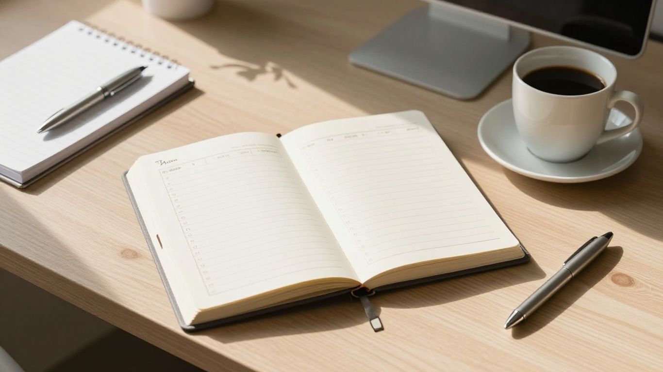 Time blocking planner on a desk with coffee.