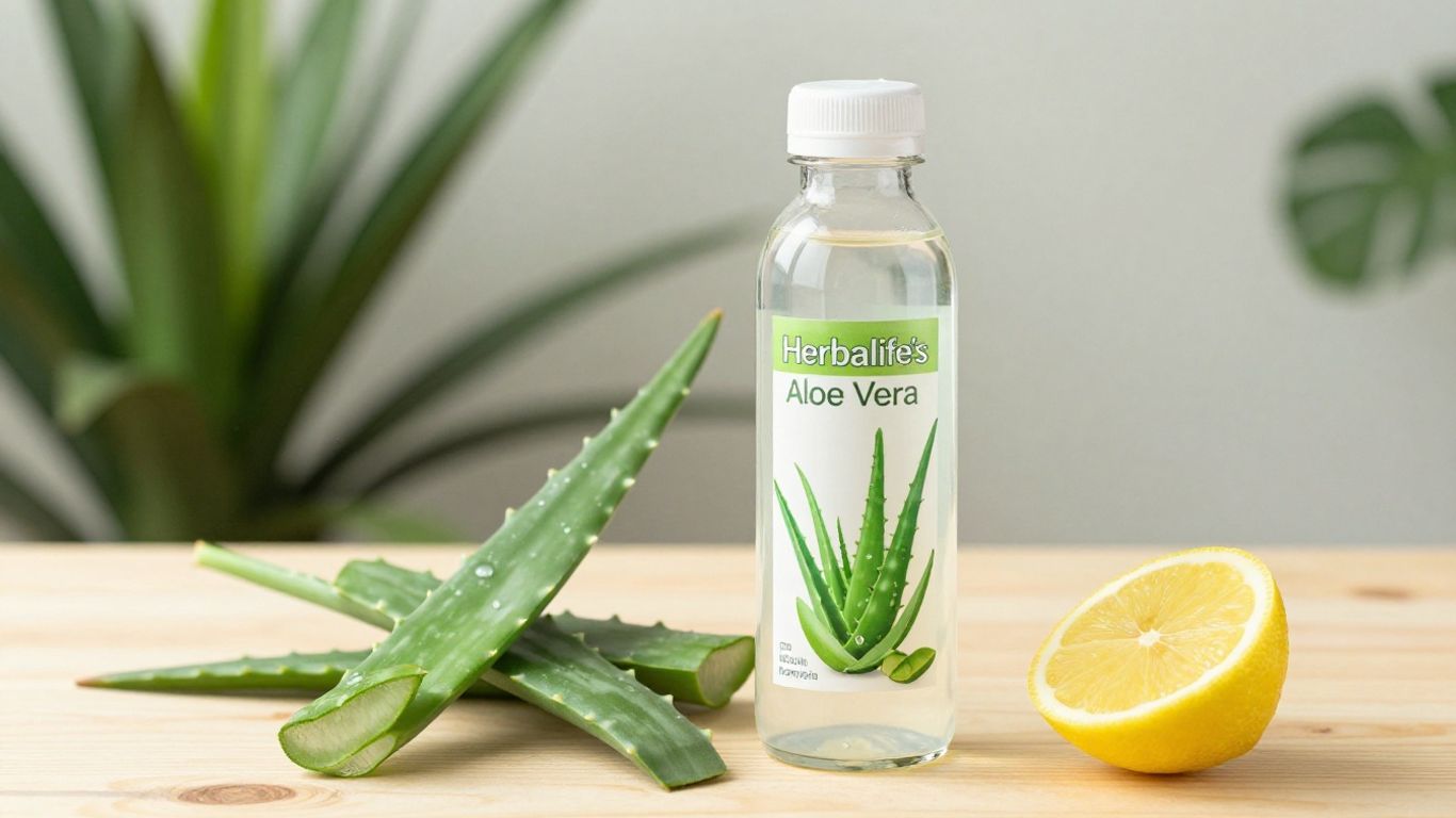 Herbalife Aloe drink with fresh aloe leaves and lemon.