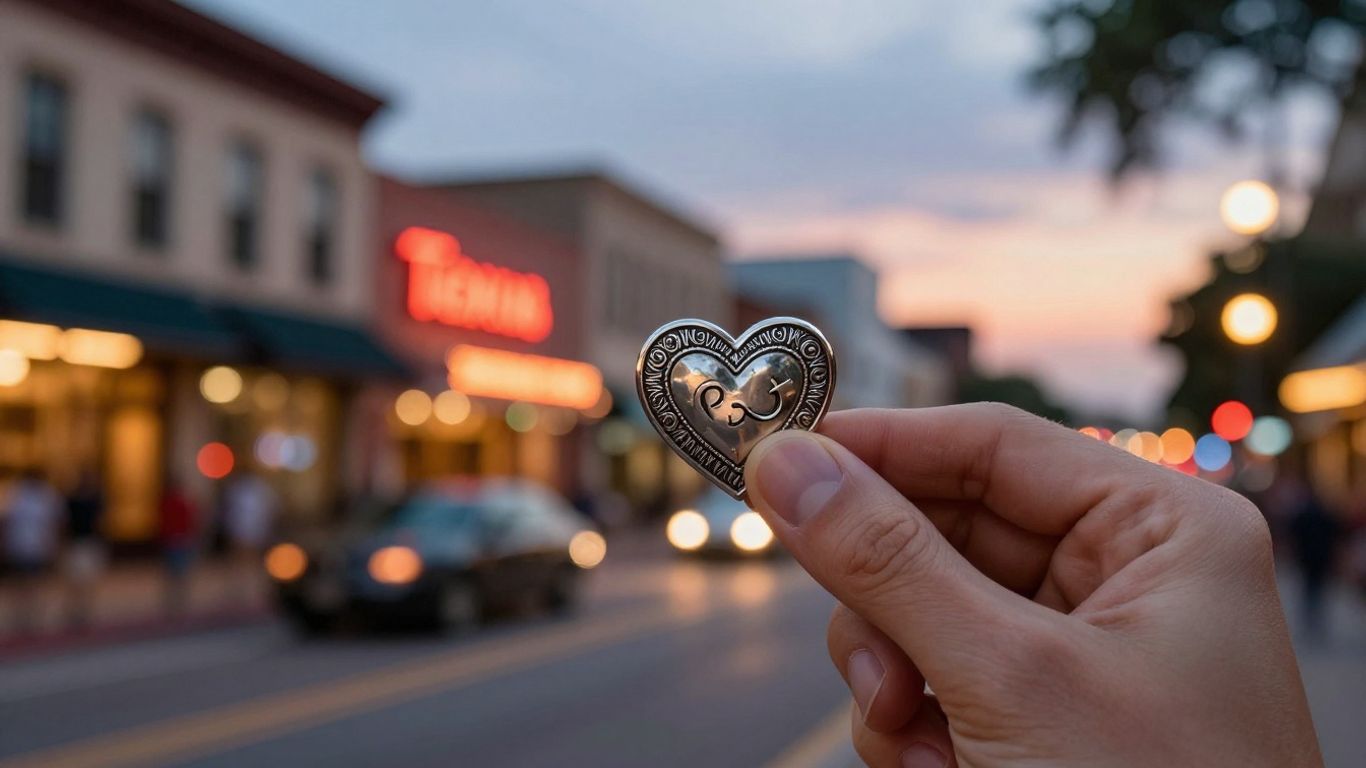 Austin cityscape with a hand holding a love token.