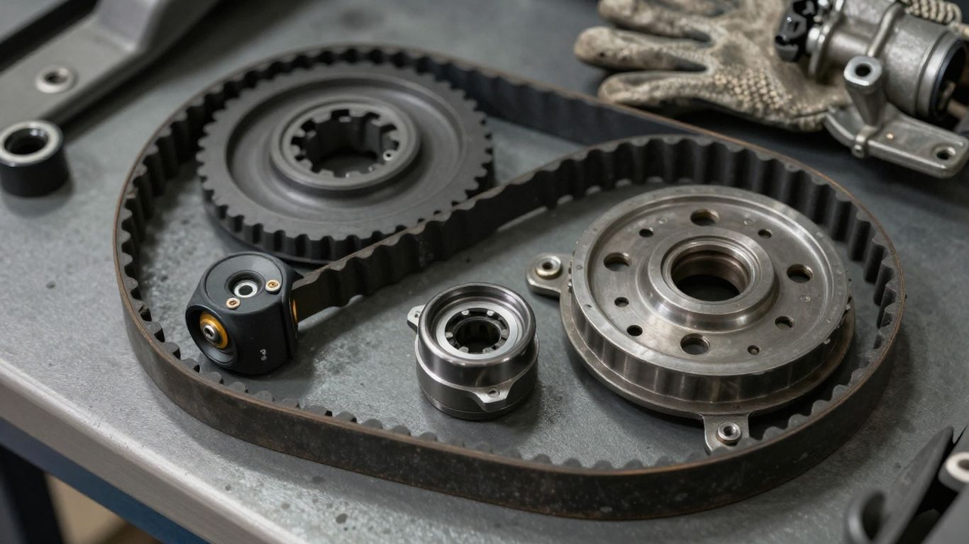 Timing belt components arranged beside engine tools
