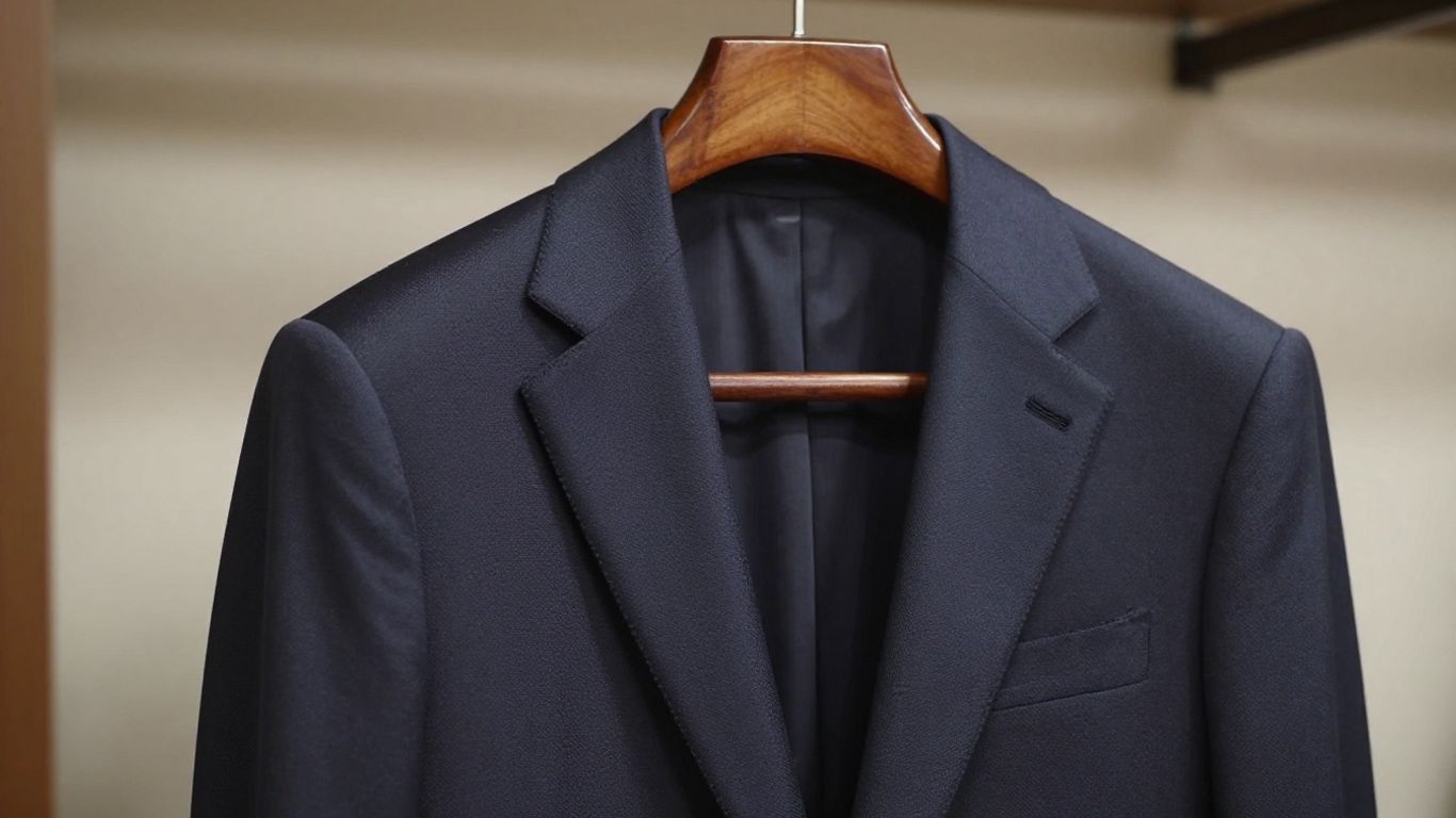Formal wear jacket hanging, looking pristine.