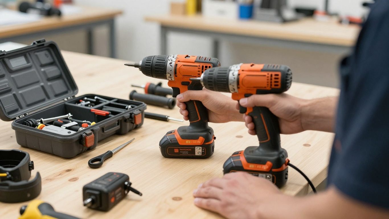 Technician selecting tools in an organized workshop
