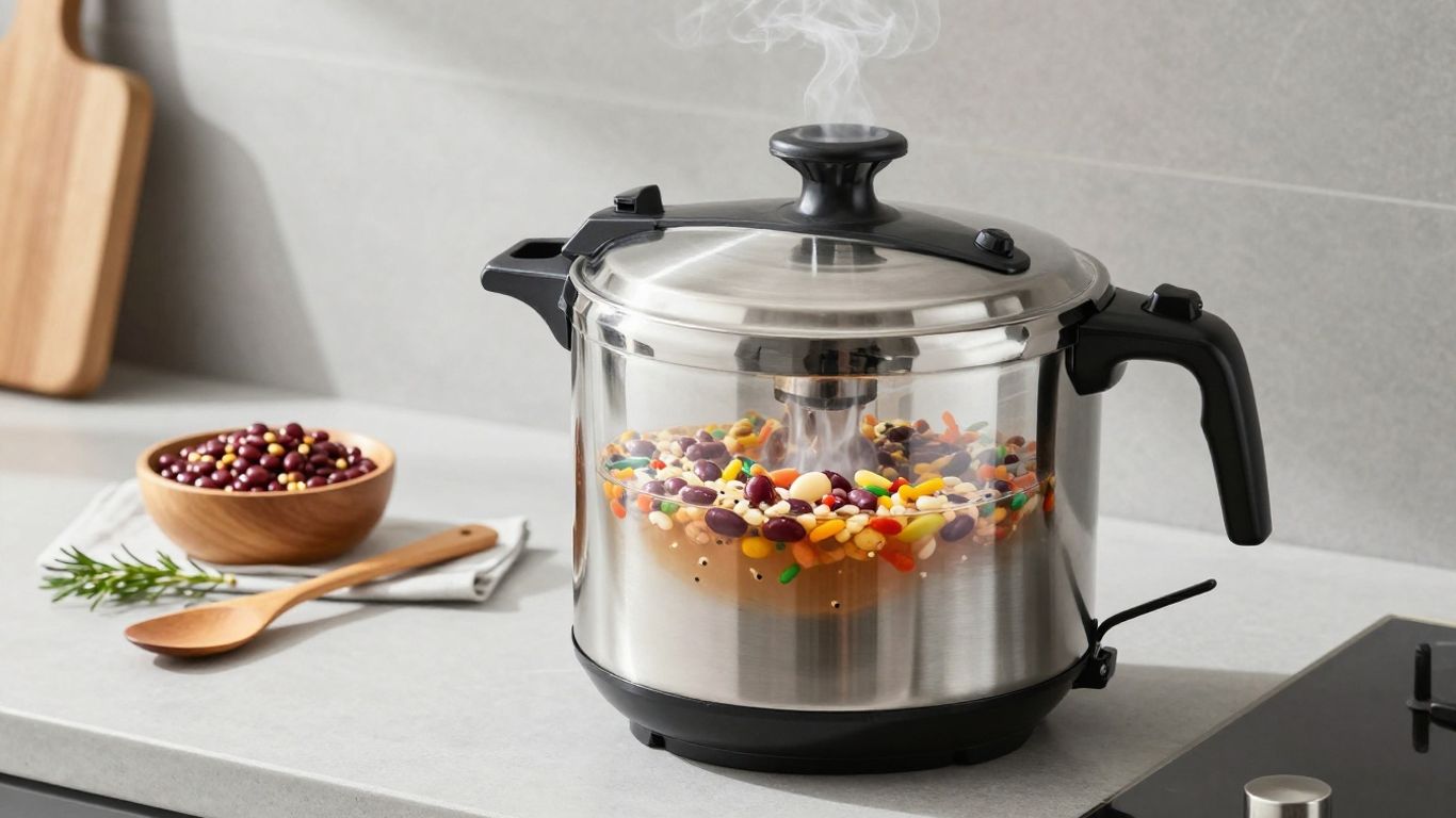 Steaming beans, grains, and broth in pressure cooker