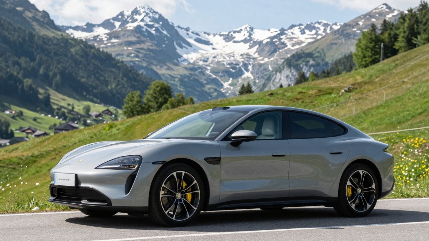 Auto auf Schweizer Bergstraße mit grünen Hügeln