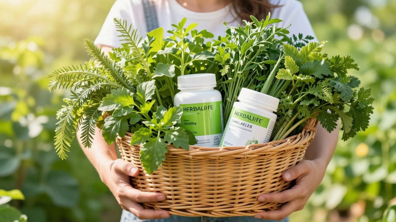 Person holding basket of herbs and Herbalife products.