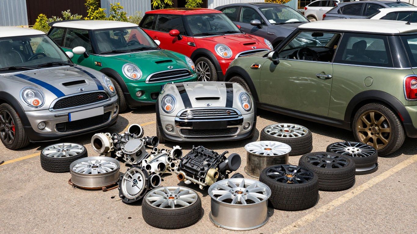 Mini Cooper R53 car parts in a Brisbane wrecking yard.