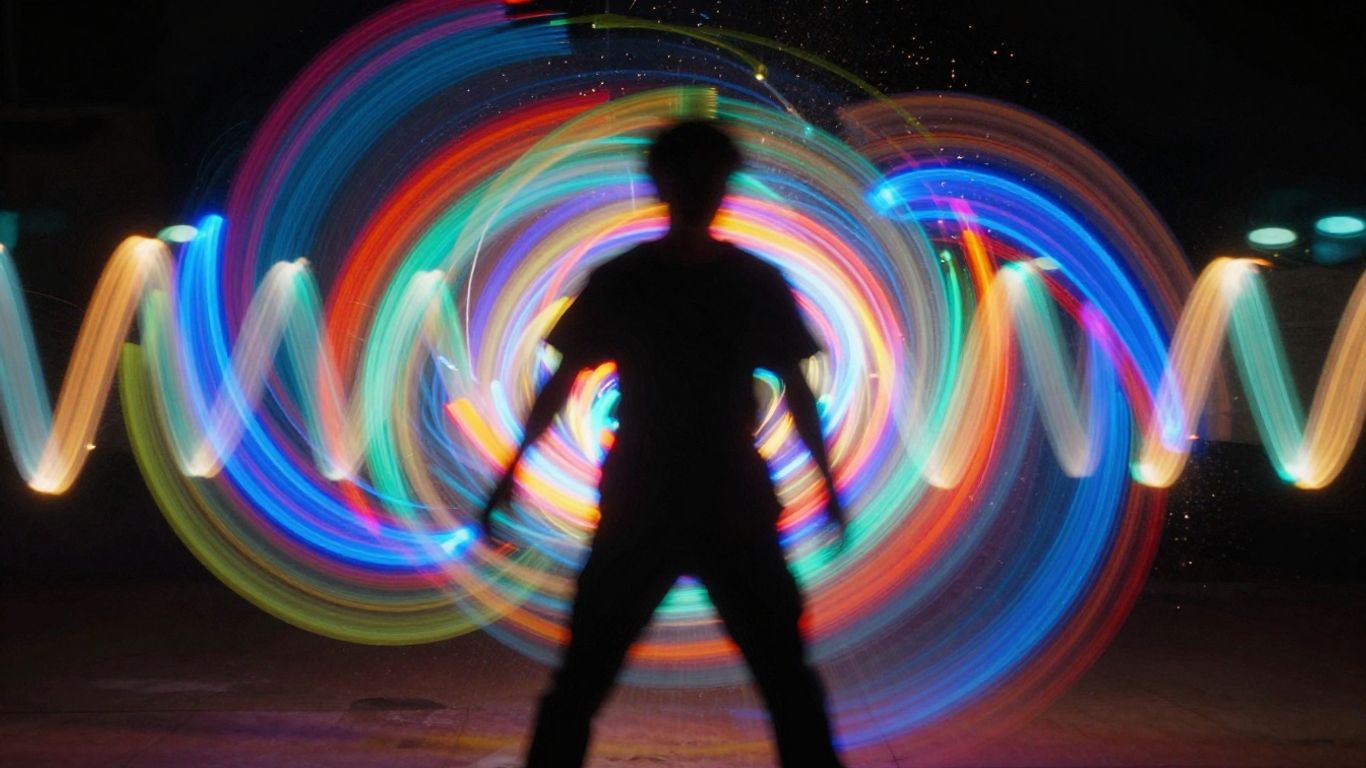 Abstract light trails with silhouetted figure