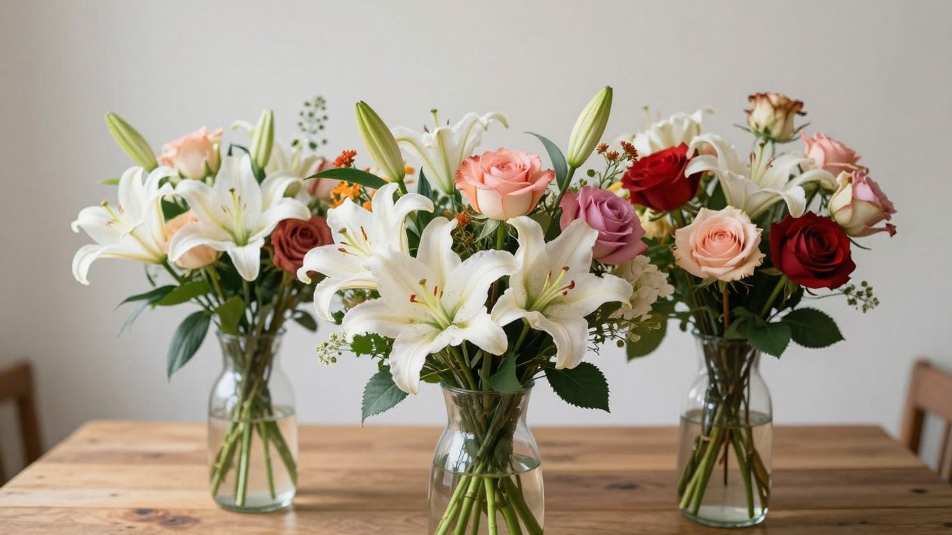 Beautiful floral arrangement with roses and lilies for local delivery.