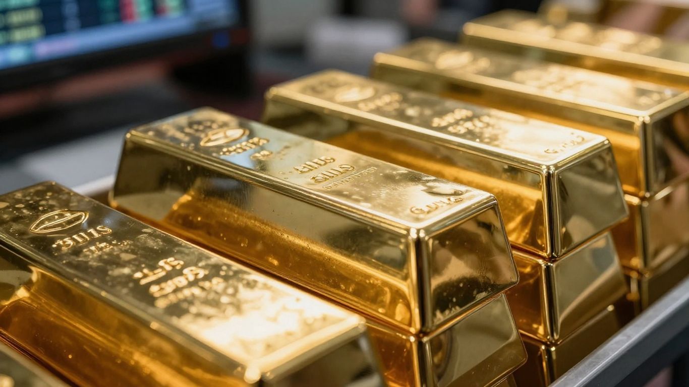 Gold and silver bars in a vault with a blurred trading floor background.