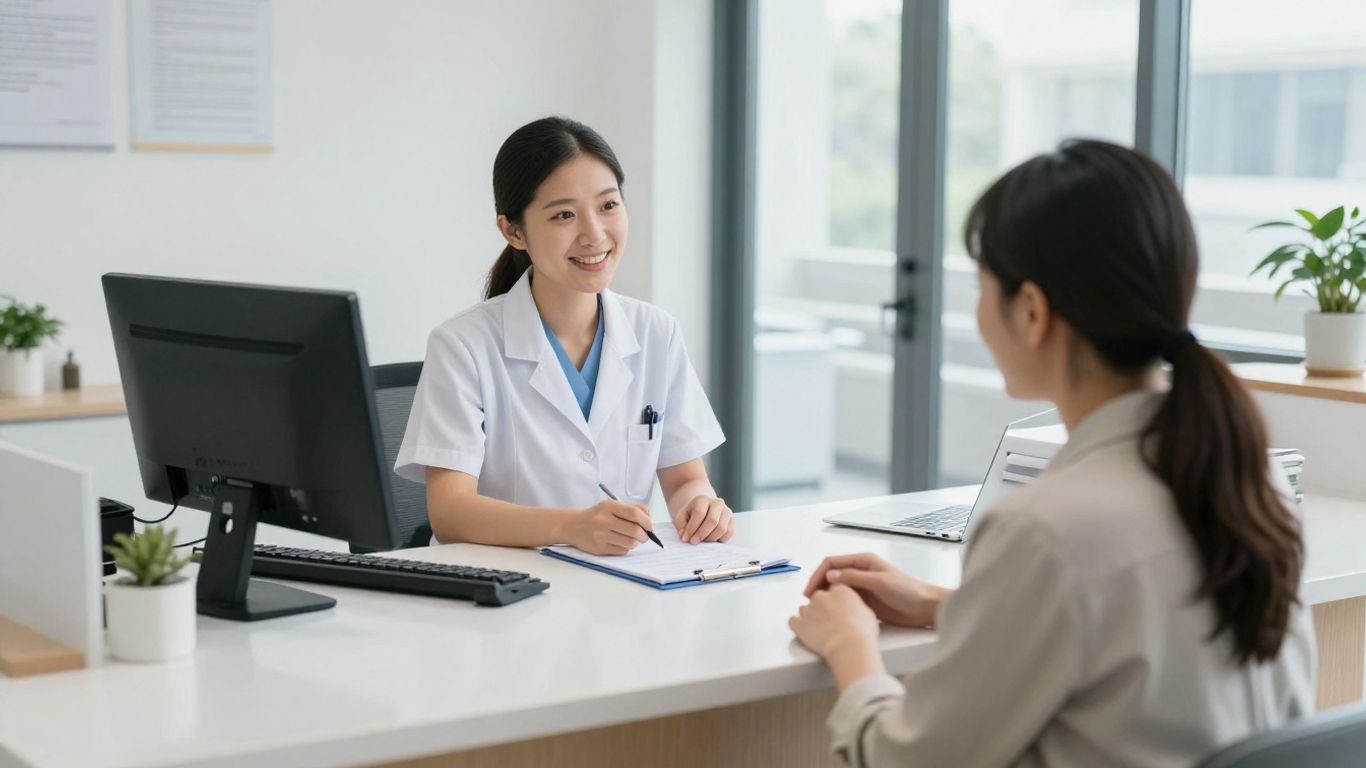 Medical receptionist assisting a patient at the front desk
