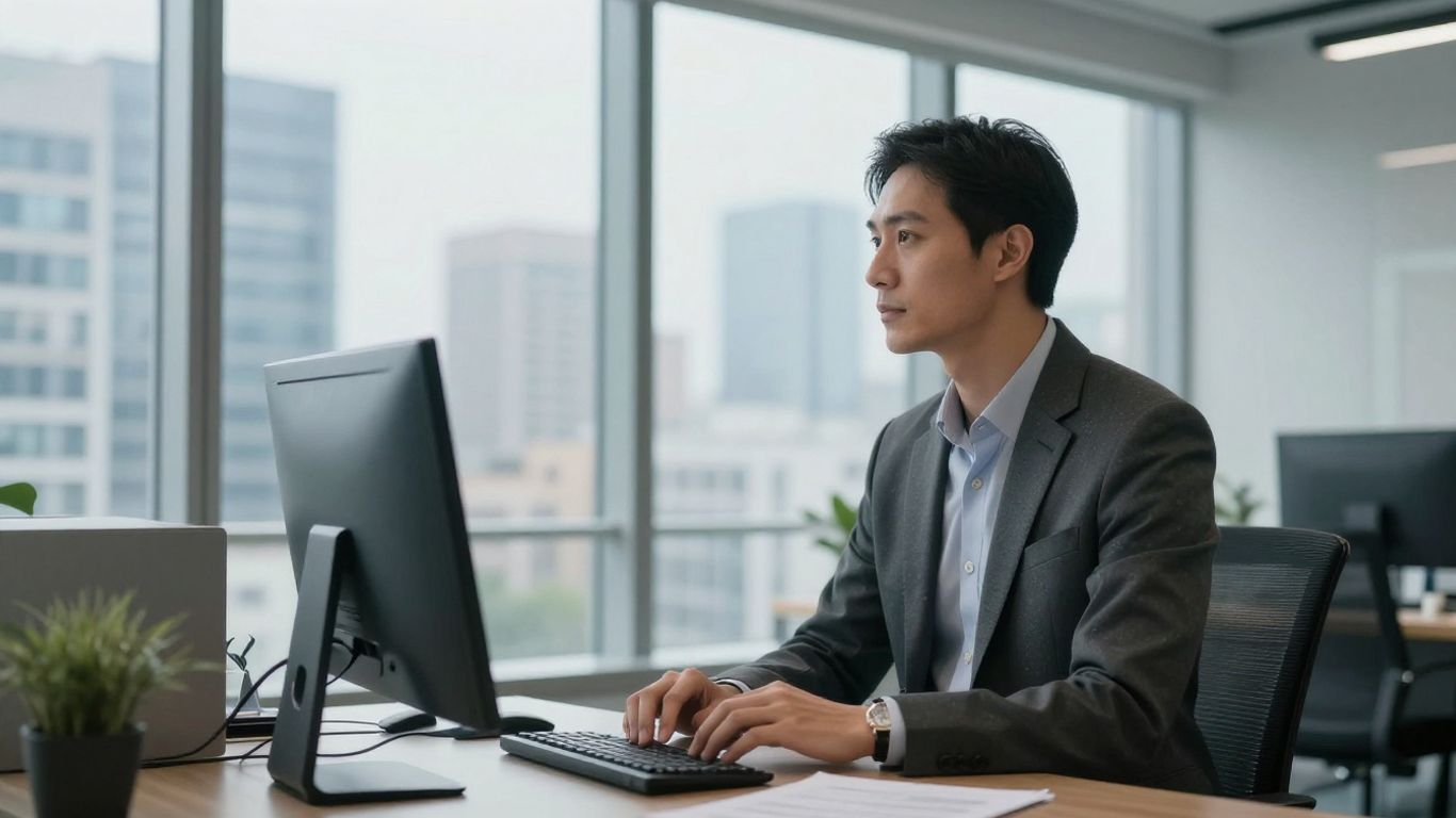 Executive looking out window at city, strategic growth