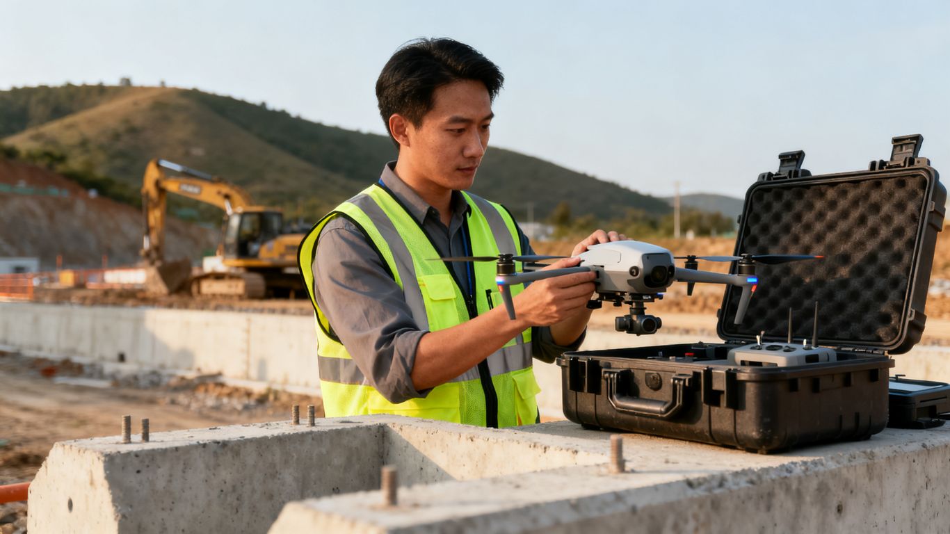Drone operator capturing an active construction site