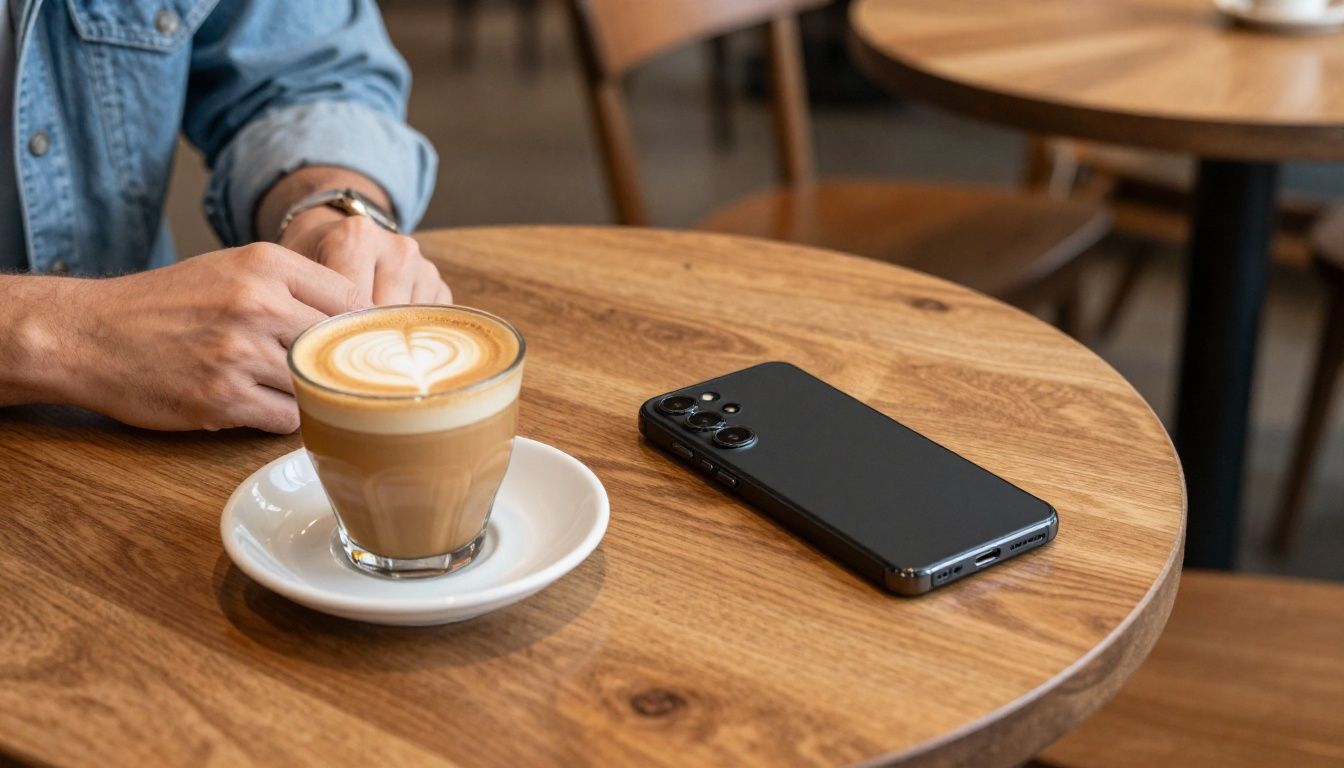 A person sitting at a wooden cafe table in Australia, their Galaxy S26 in a sleek black case next to a flat white coffee.