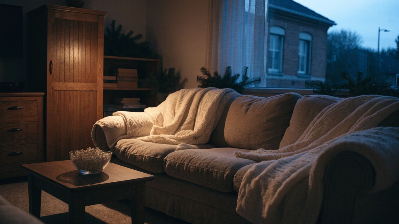 A cozy living room ready for a holiday movie night