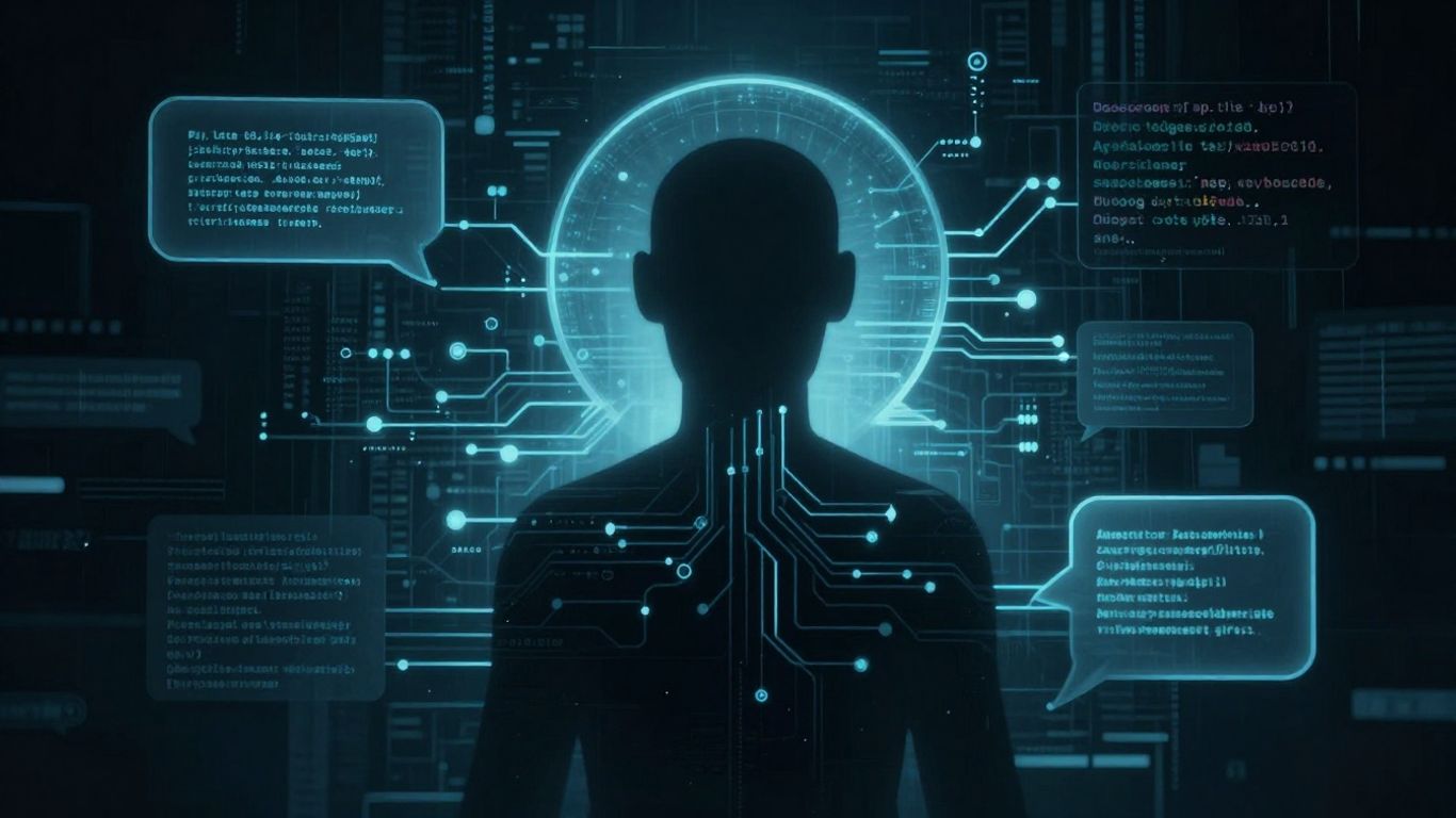 Abstract chatbot icon with glowing circuits on a dark background.