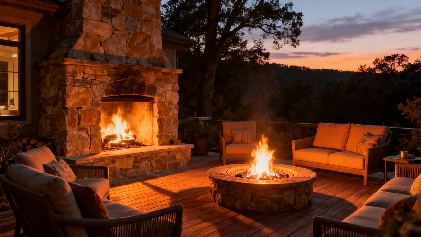 Outdoor fireplace and fire pit glowing on a summer night.