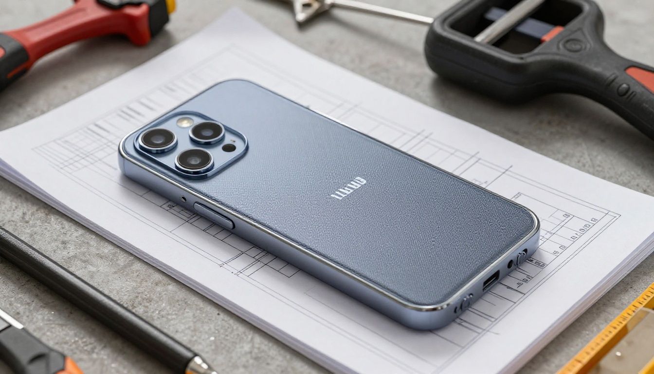 A tradie on a construction site in Melbourne places their Samsung Galaxy S26 in a tough, dust-proof case next to their tools and plans.