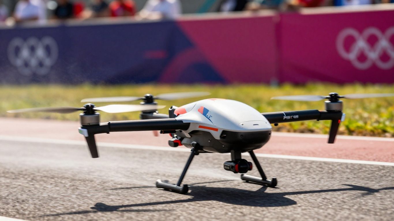 Drone racing at high speed through an obstacle course.