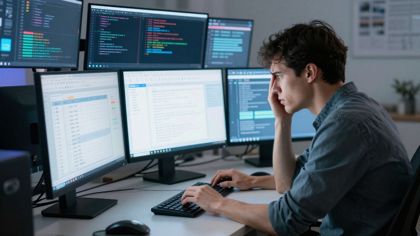 Person overwhelmed by multiple glowing computer screens at a desk.