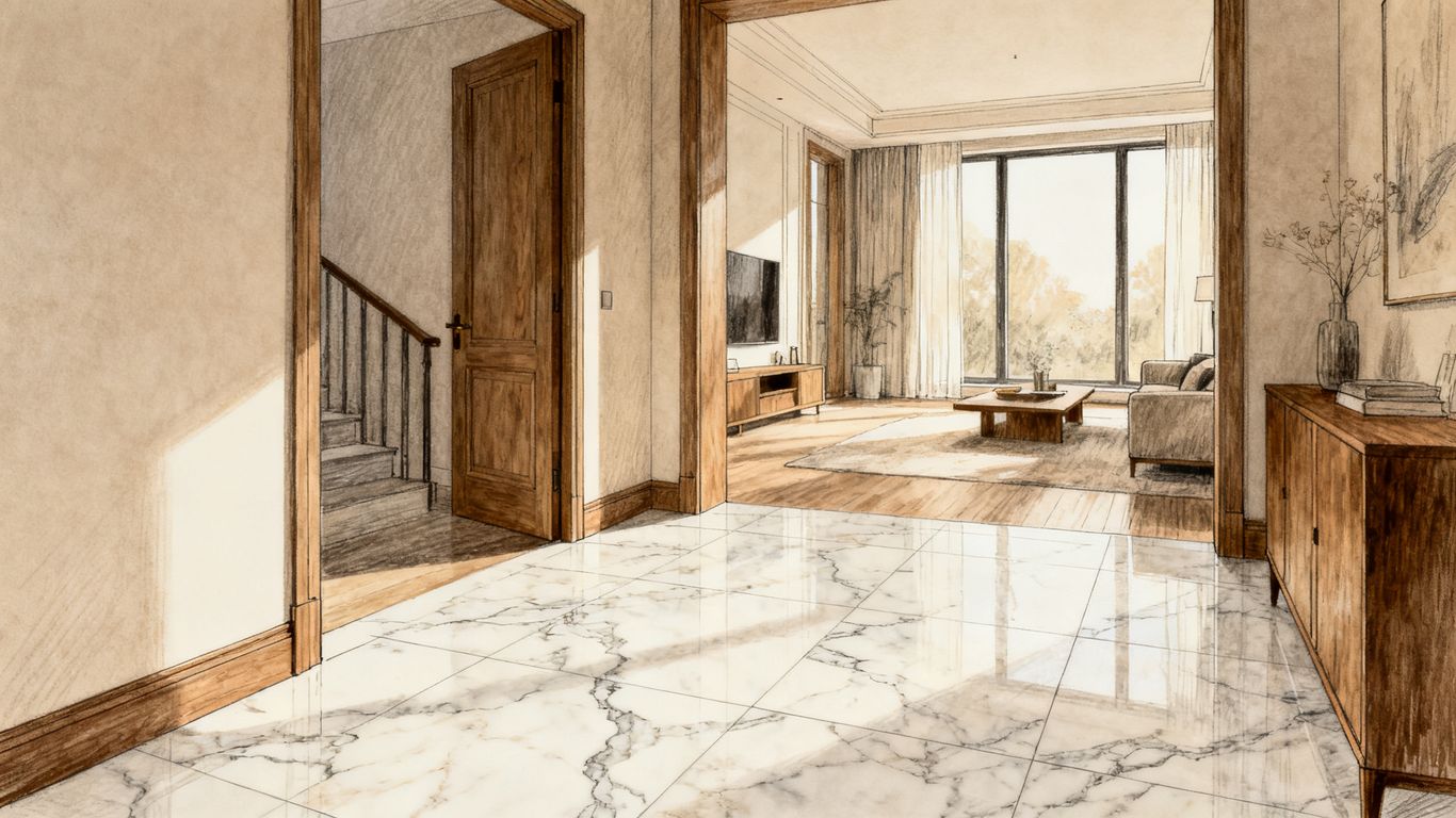 Marble floor leading into a bright home entry