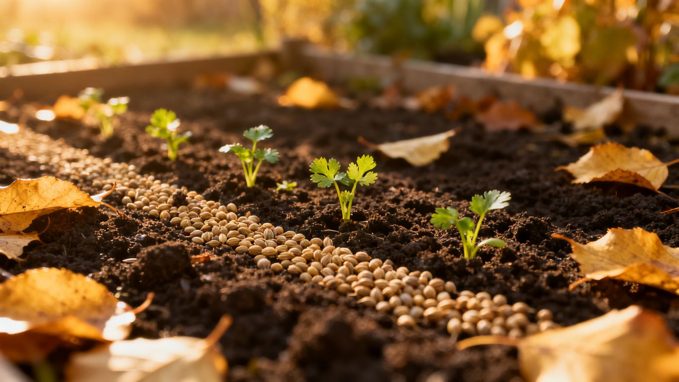 Frisch gesäter Koriander im Herbstbeet