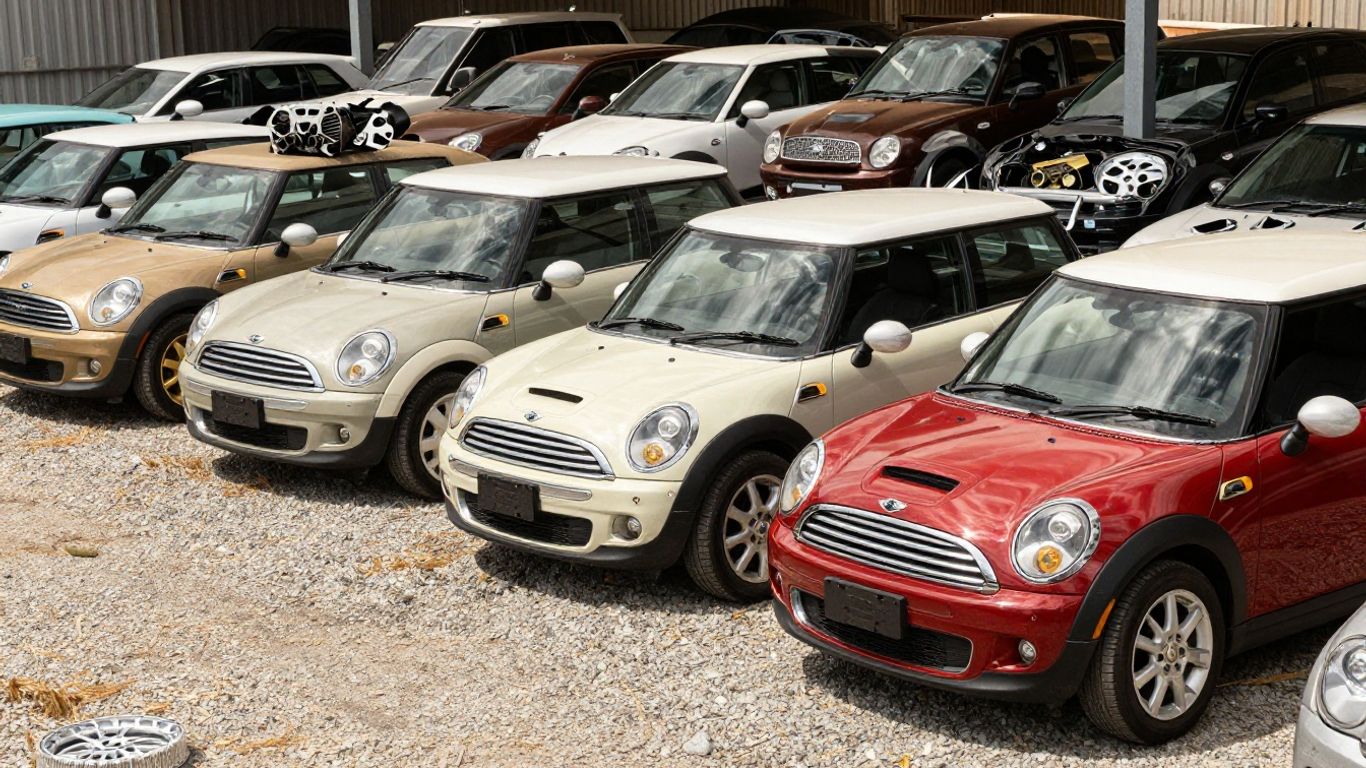 Used Mini Cooper S parts arranged at local yard