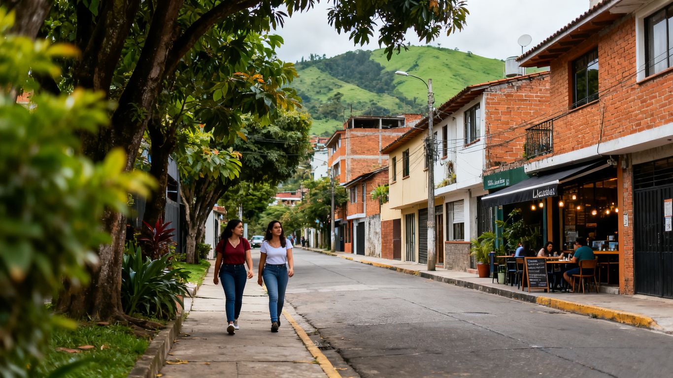 Tree-lined Medellín neighborhood street with cafés and pedestrians