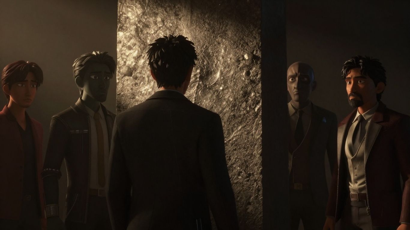 3D characters in a dramatic, shadowy film scene.