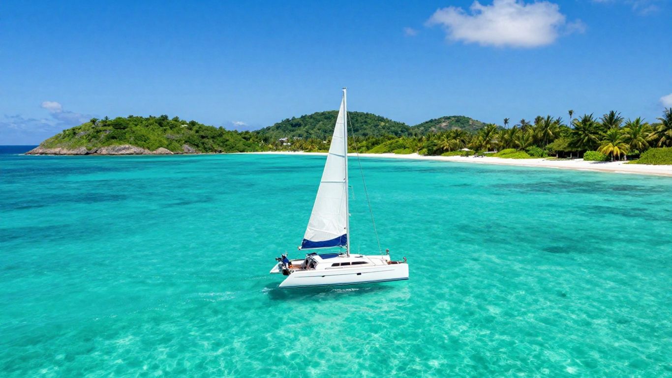 Sailboat on turquoise water in British Virgin Islands