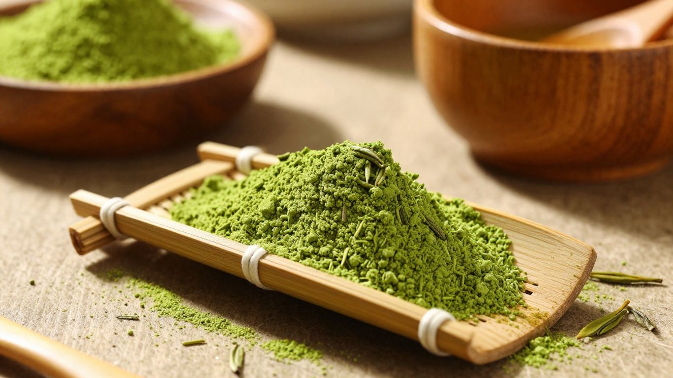 Premium matcha powder in a bamboo scoop with scattered tea leaves.