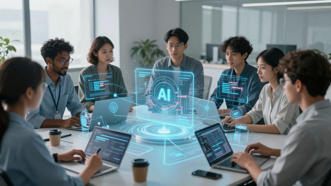 AI developers collaborating on a futuristic holographic interface.