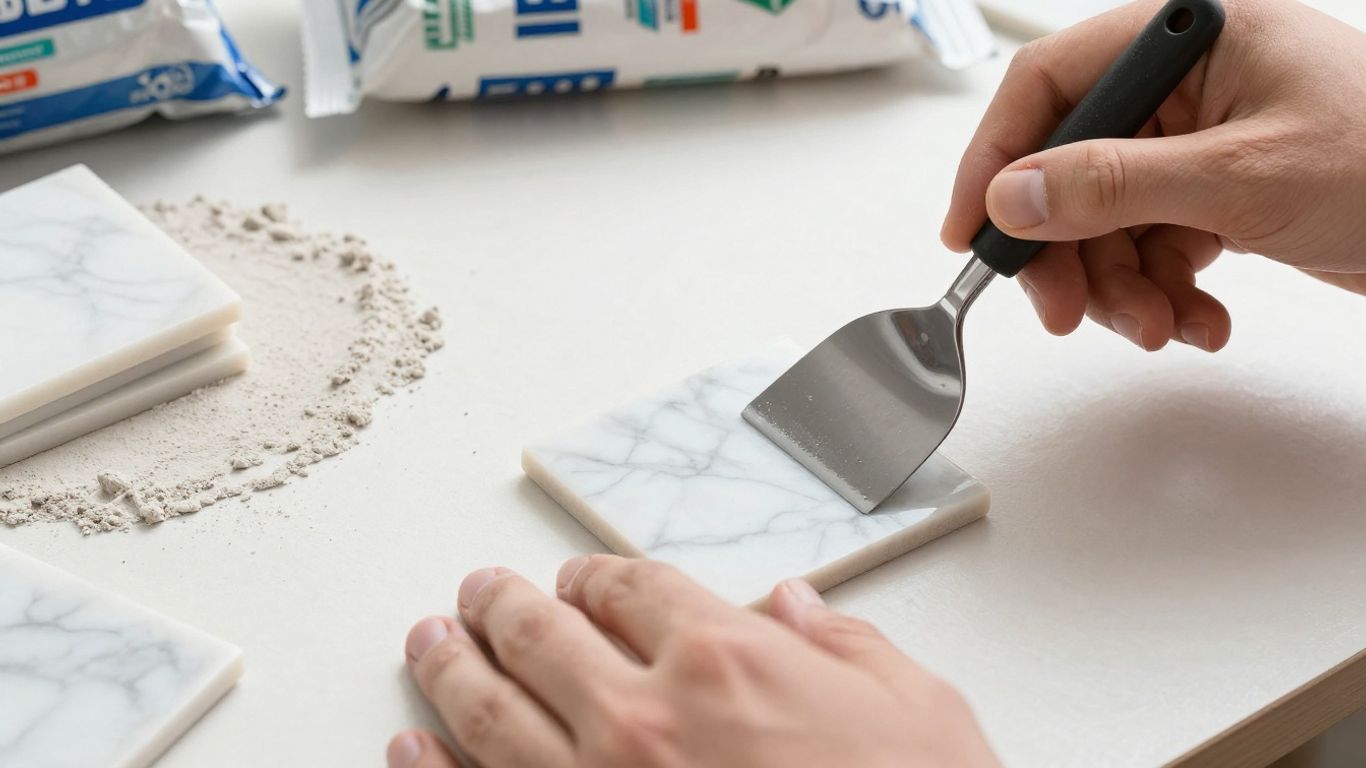 Marble tile installation with setting materials.