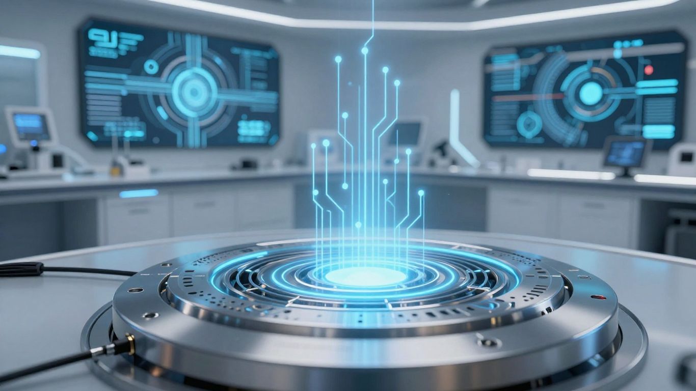 Détecteur IA futuriste dans un laboratoire high-tech analysant du texte