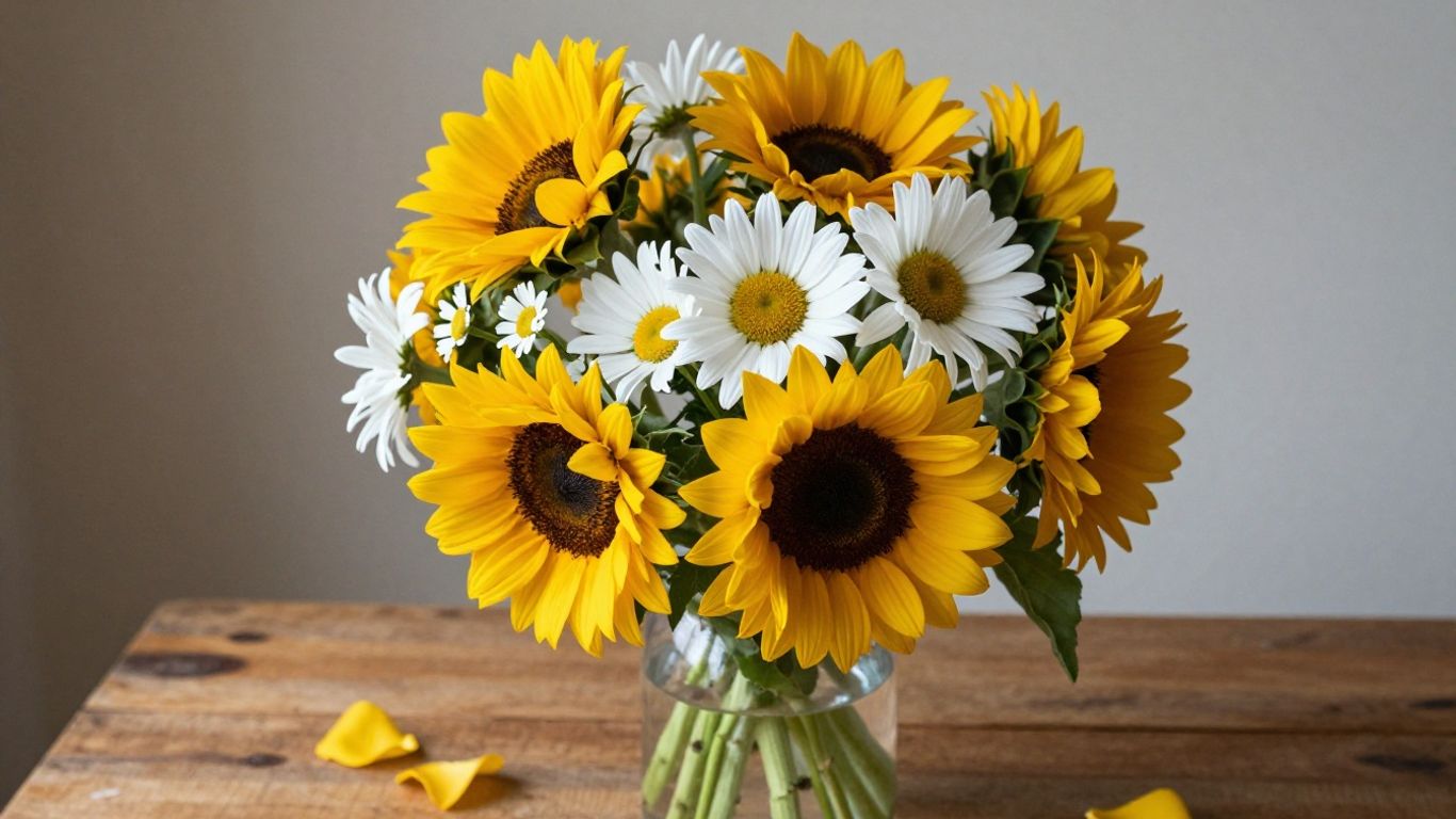 Bright flowers in a vase on a table.