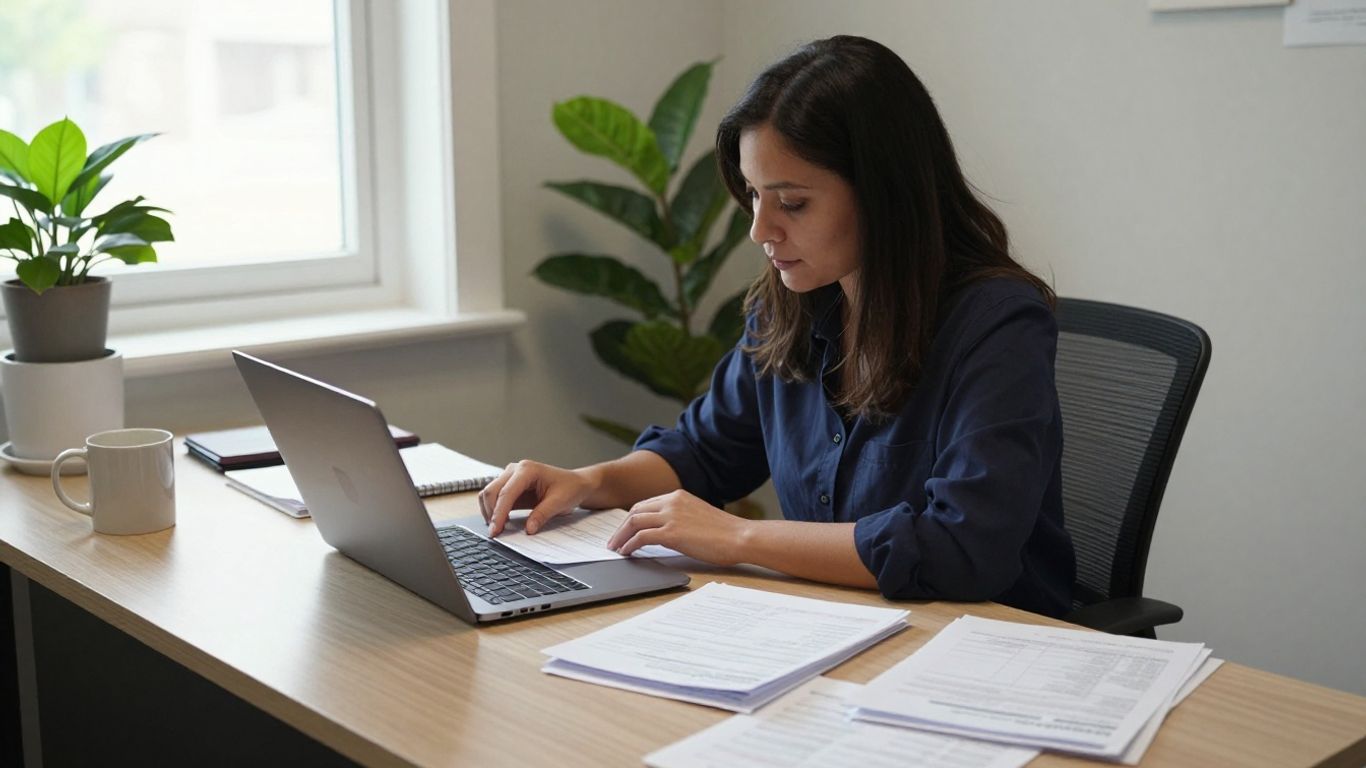 Practice owner reviewing billing workflow at desk