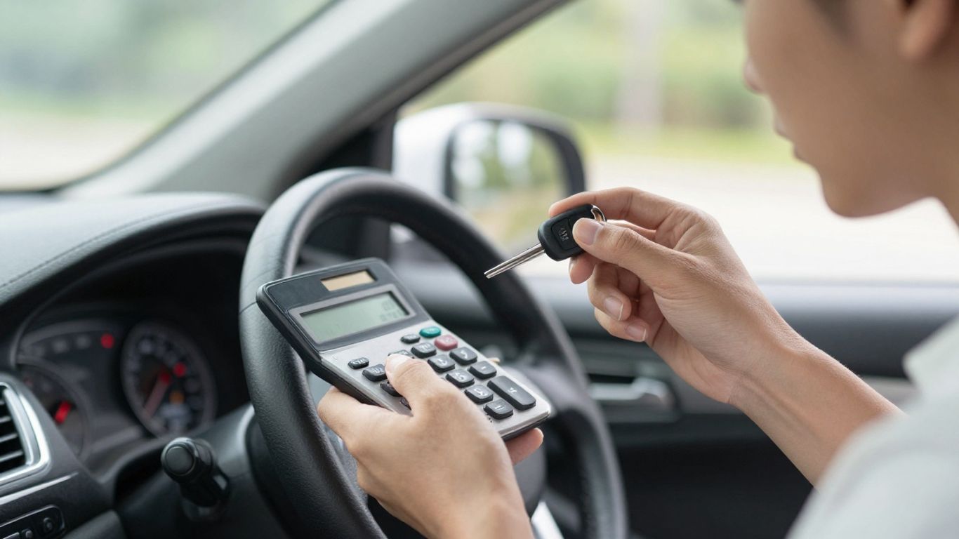 Person with car key and calculator planning car loan payment.