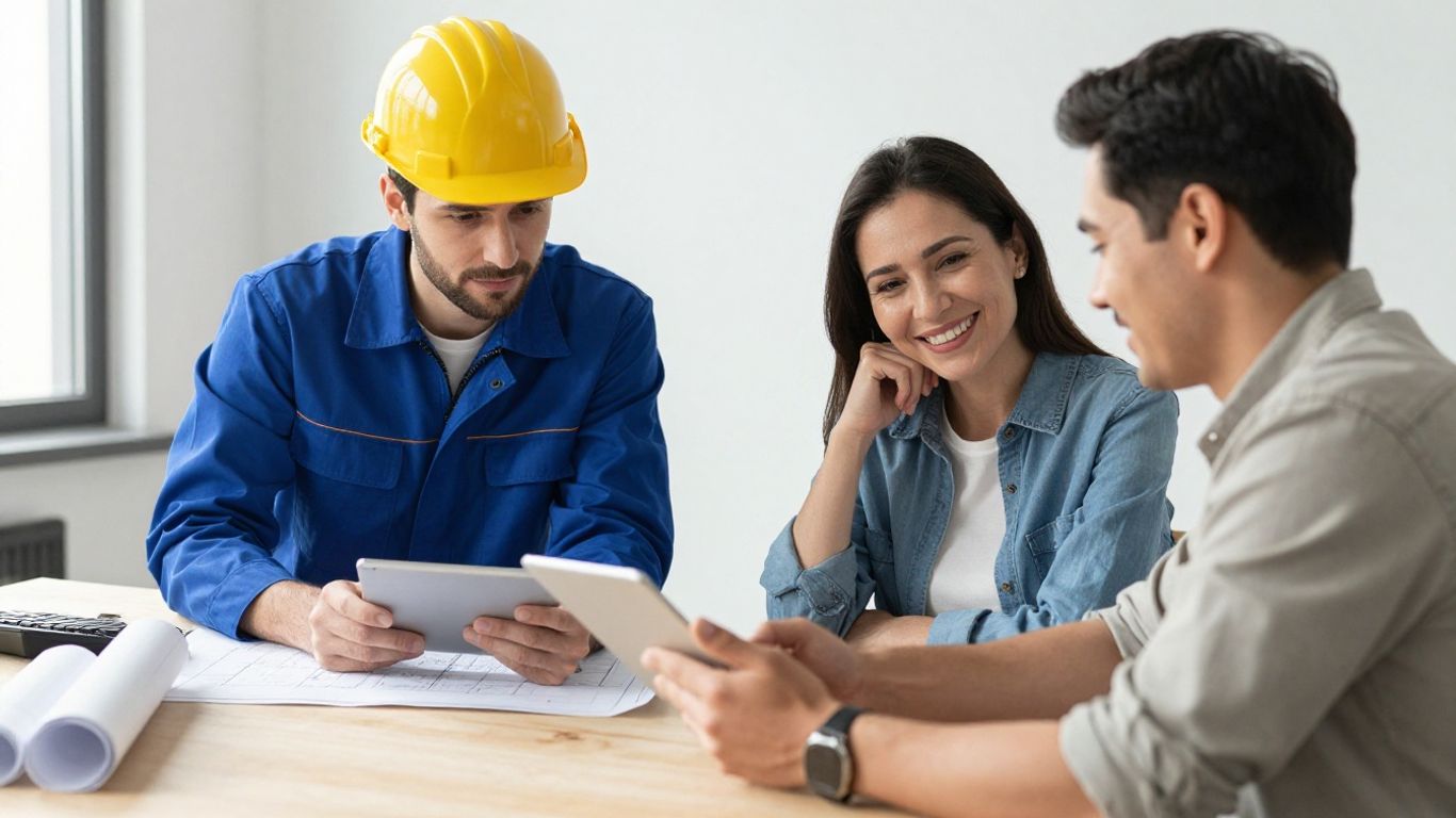 Contractor and client shaking hands, discussing a tablet.