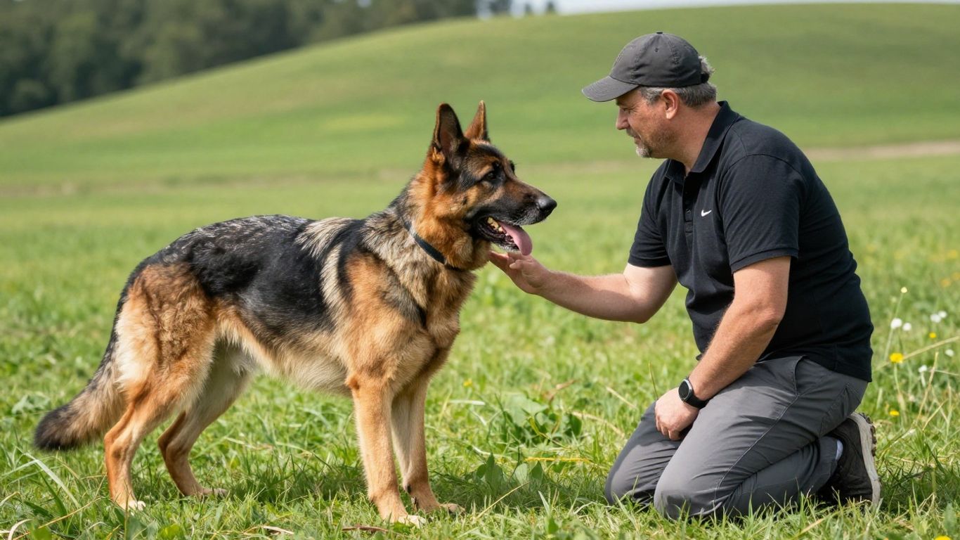 Senior dog training outdoors with handler.