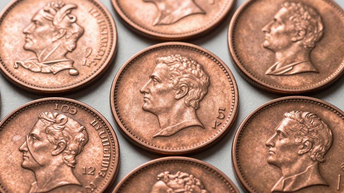 Antique two-cent pieces with detailed surfaces.