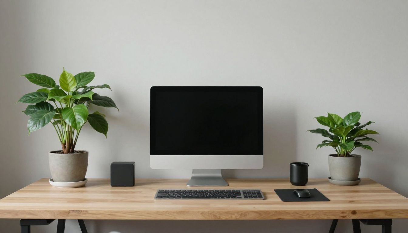 A modern, minimalist workspace featuring a balanced, calm, and organized desk area with a plant, representing the intersection of professional growth and personal well-being.