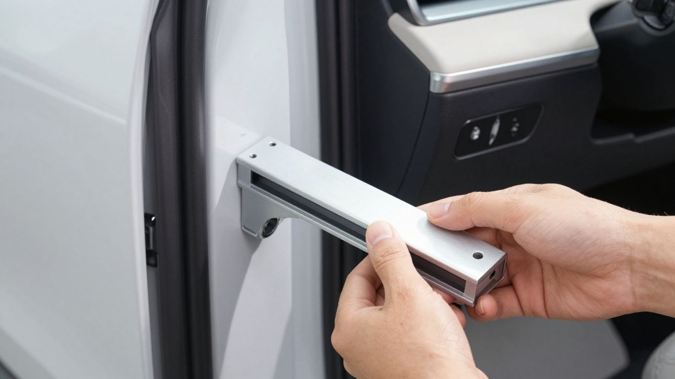 Door sill plate being checked beside an open car door