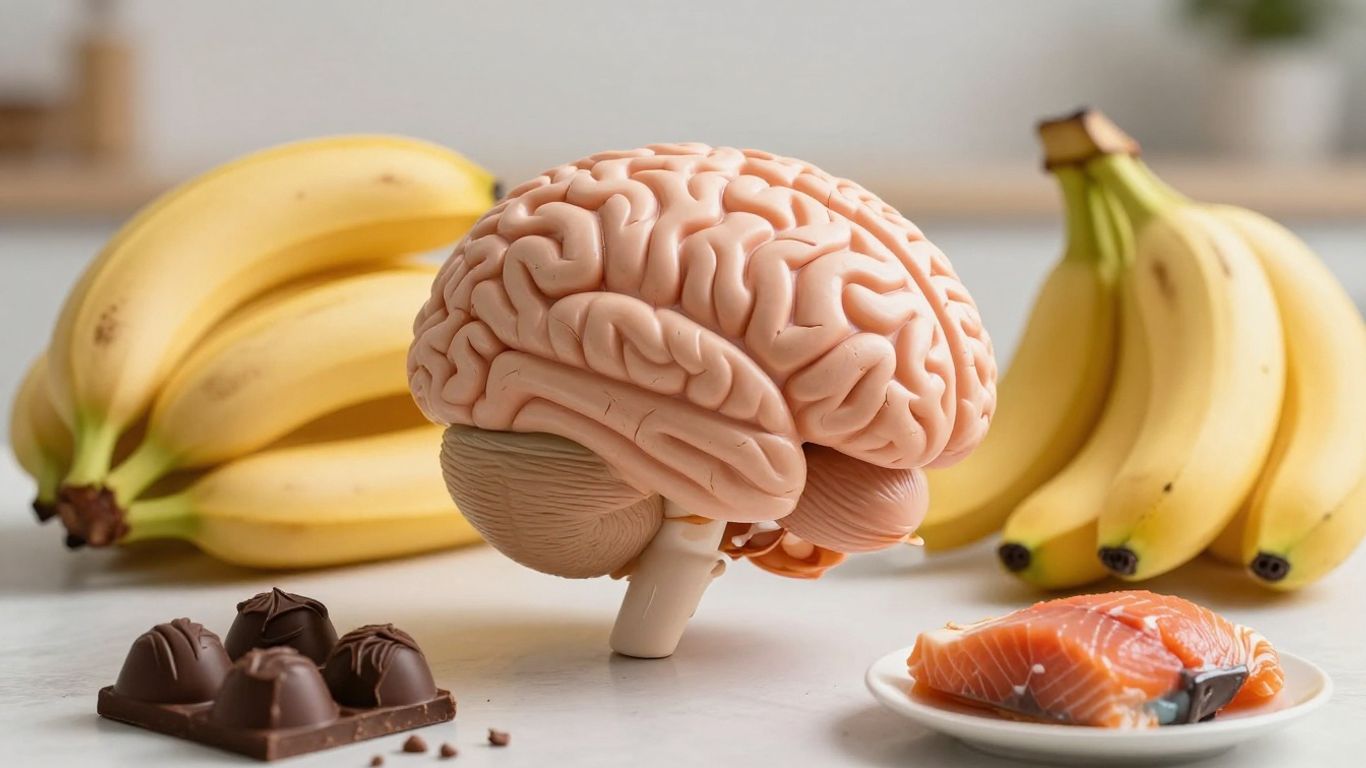 Cérebro humano com alimentos saudáveis ao redor em foto.