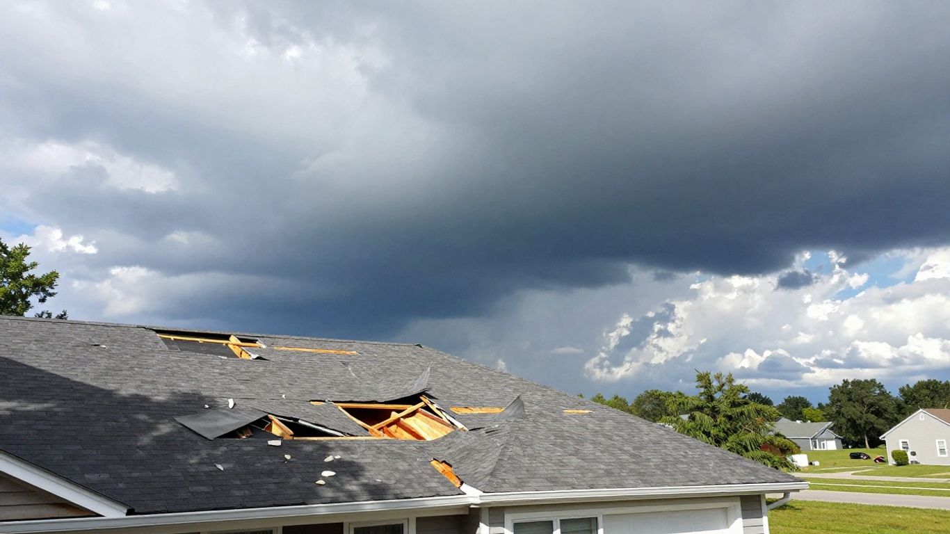Damaged roof under stormy sky, with a sunny area.