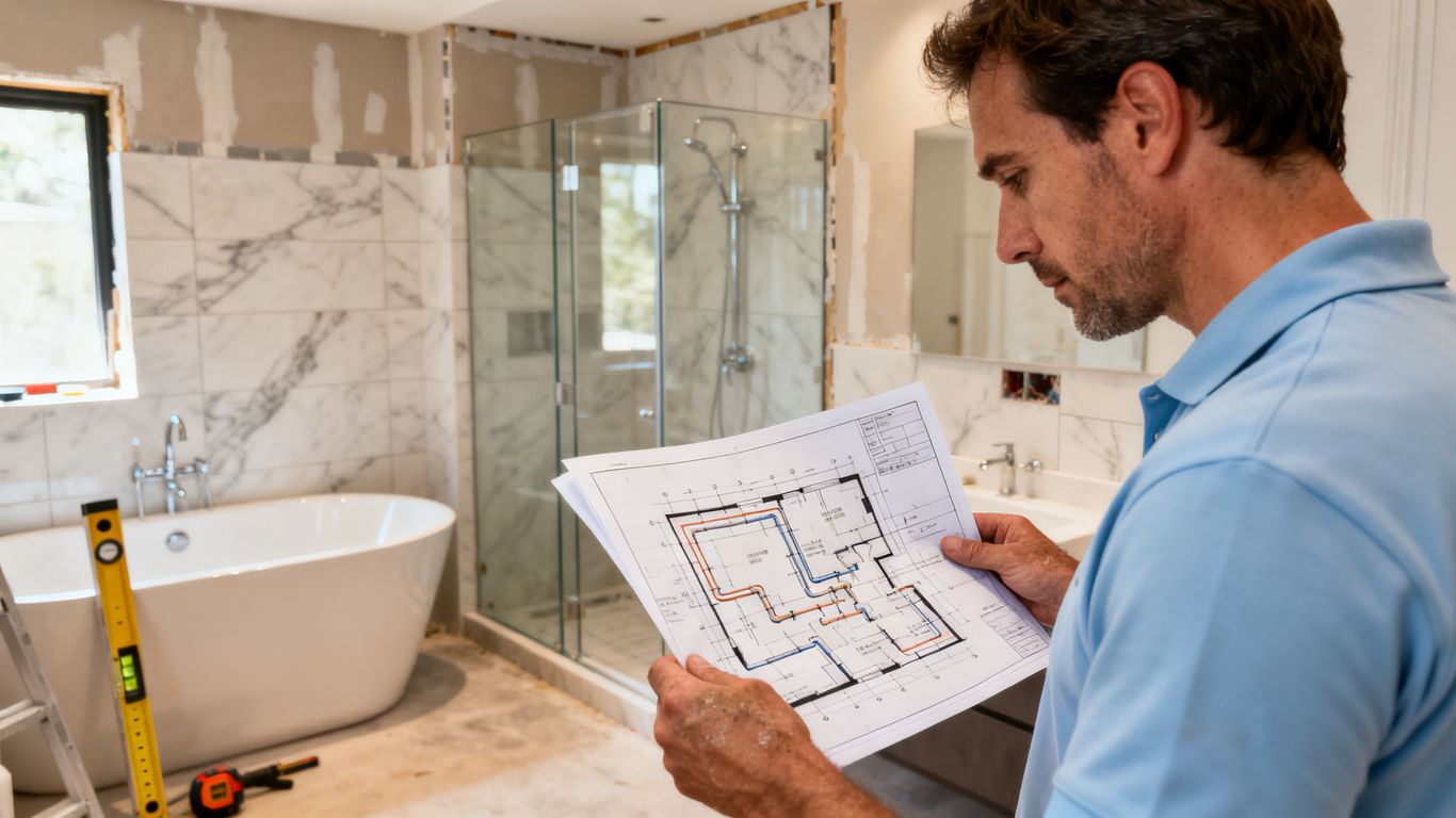 Professional contractor reviewing high-quality remodeling project blueprints