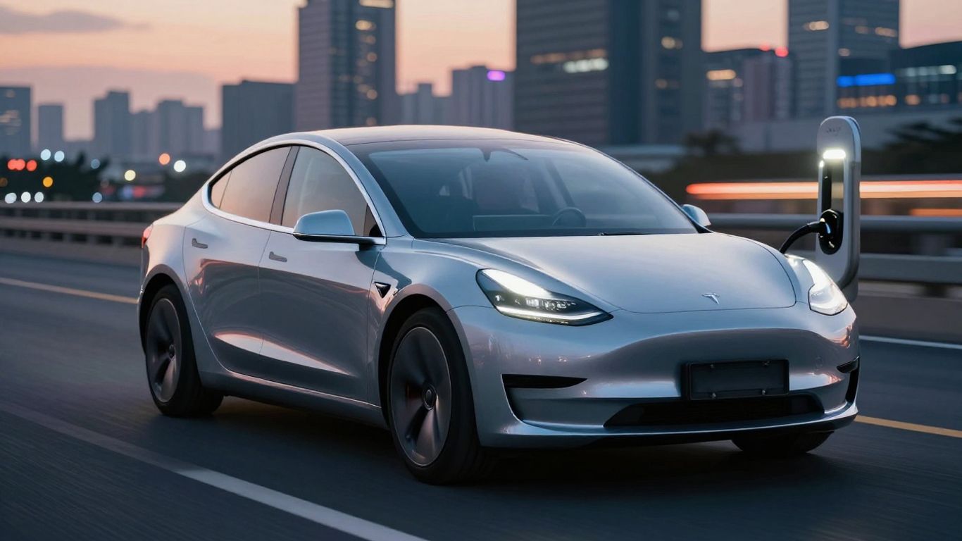 Tesla car on a highway at dusk.